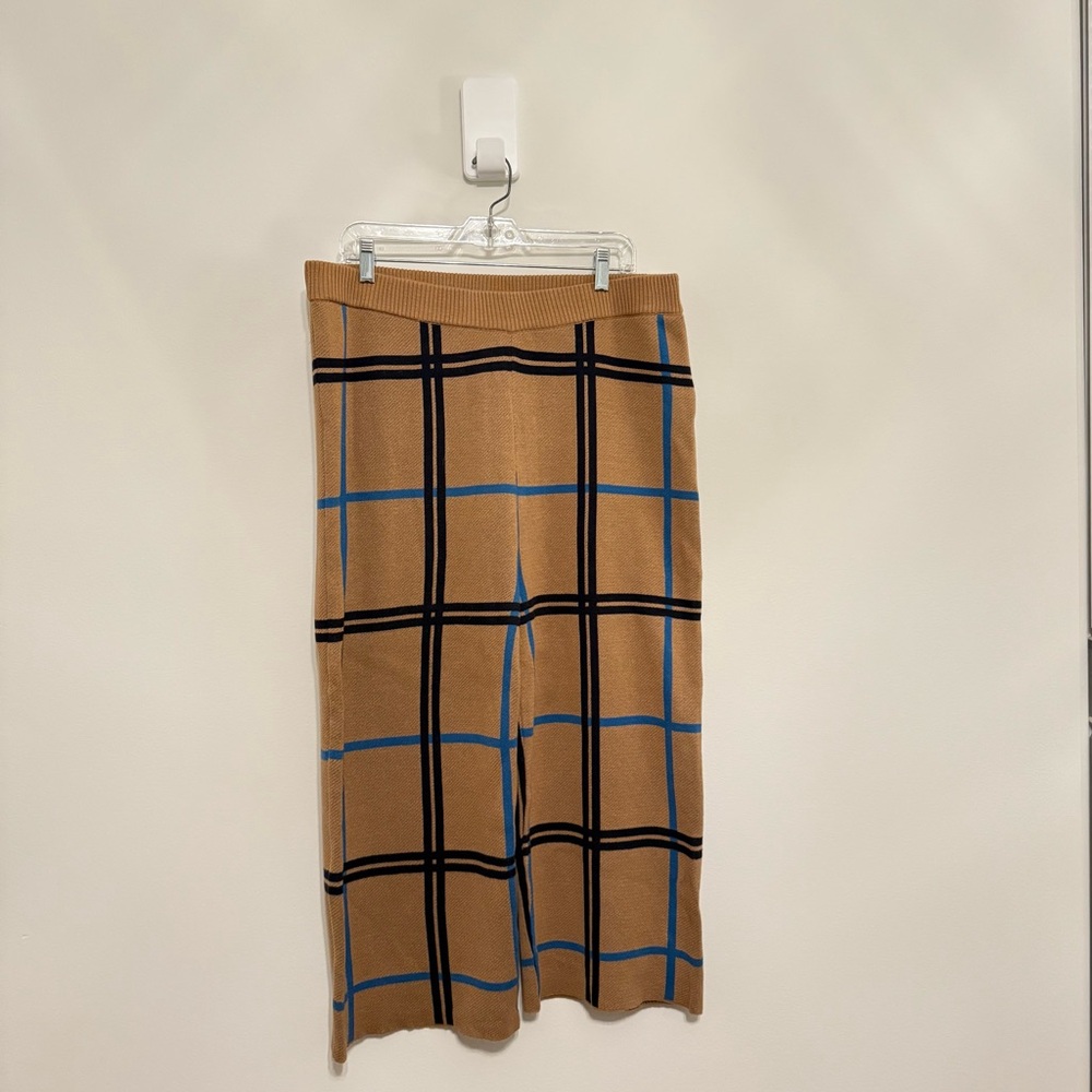 Eloquii • Cropped Wide Leg Plaid Sweater‎ Pant Sz 14/16 Blue Camel High Waist - Picture 2 of 7